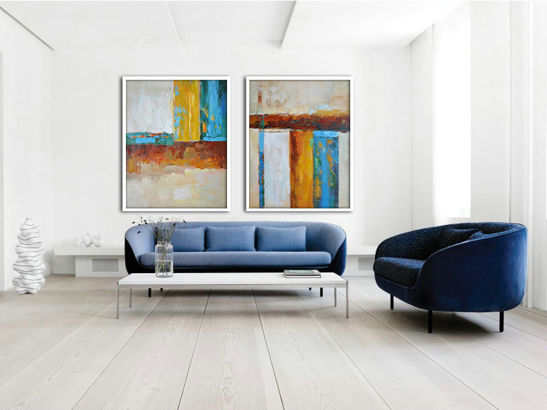 Set Of 2 Large Abstract Painting Canvas Art, Contemporary Art Original Art by Biao. Green, blue, brown, yellow - By Biao