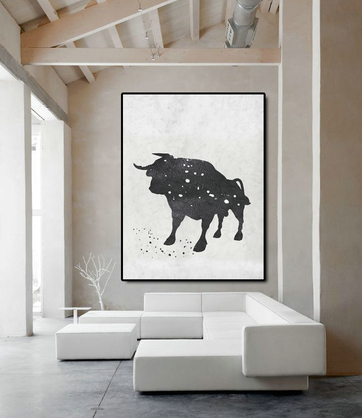 Extra Large Acrylic Painting On Canvas, Minimalist Painting Canvas Art, Black And White Bull, HAND PAINTED Original Art.
