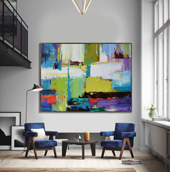 Handmade Extra Large Contemporary Painting, Huge Abstract Canvas Art, Original Artwork by Leo. Hand paint. white, blue, purple, green. - Click Image to Close