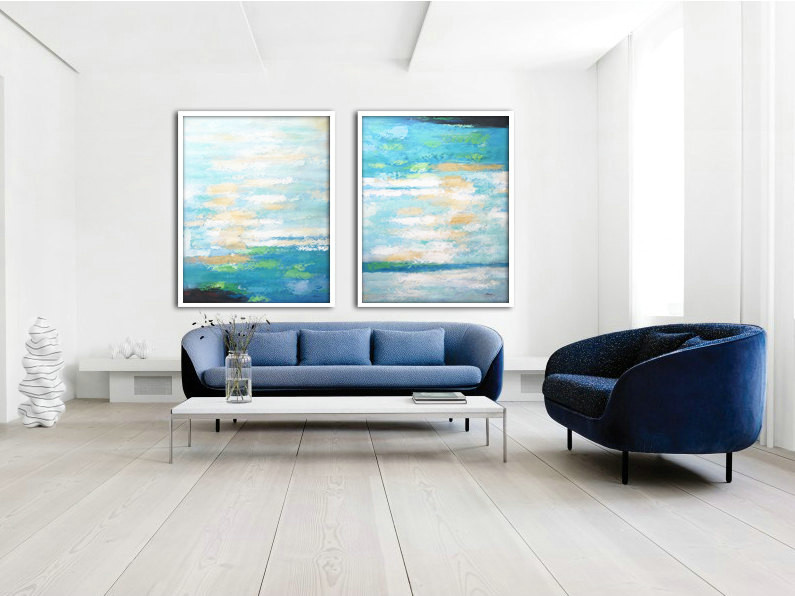 Set Of 2 Large Abstract Painting Canvas Art, Contemporary Art Wall Decor, Original Art by Biao, Green, yellow, blue