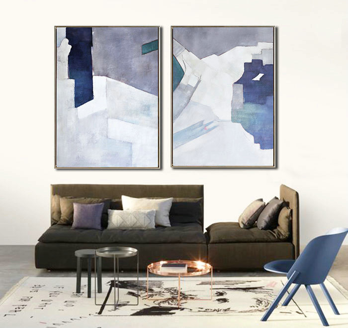 Set Of 2 Large Contemporary Painting, Abstract Canvas Art, Original Artwork by Biao. Blue, orange, pink, green, etc.