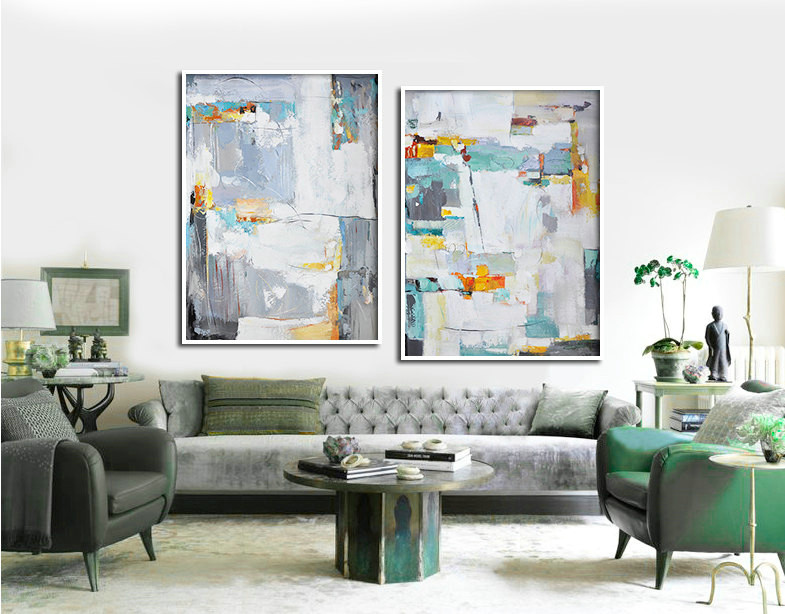Set Of 2 Large Abstract Painting Canvas Art, Contemporary Art, Original Art, Hand paint. Green, yellow, orange, grey.