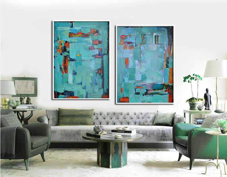 Set Of 2 Large Abstract Painting Canvas Art, Contemporary Art Wall Decor, Original Art by Biao, Green, yellow, orange,red