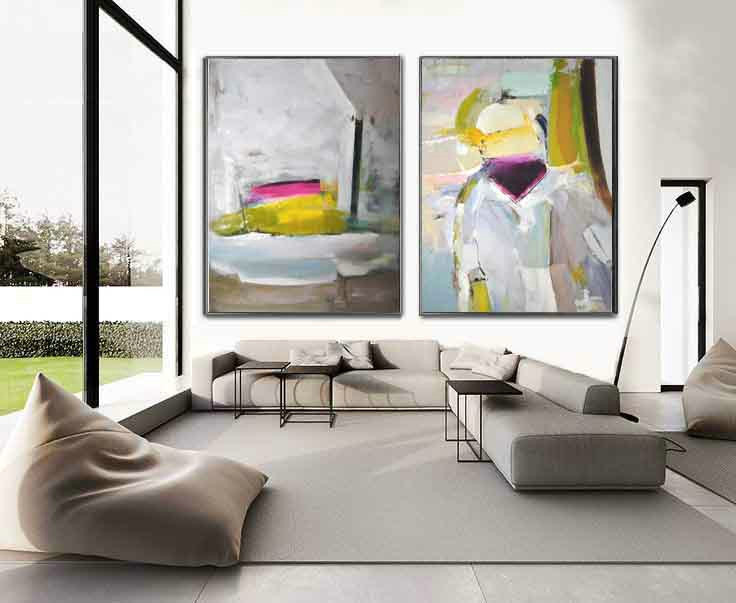 Set Of 2 Huge Contemporary Art Acrylic Painting On Canvas, Abstract Canvas Wall Art - By Biao