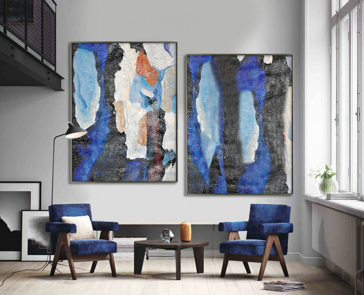 Set Of 2 Huge Contemporary Art Acrylic Painting On Canvas, Abstract Canvas Wall Art Home Decor, HANDMADE. Blue, black, orange, brown, beige.