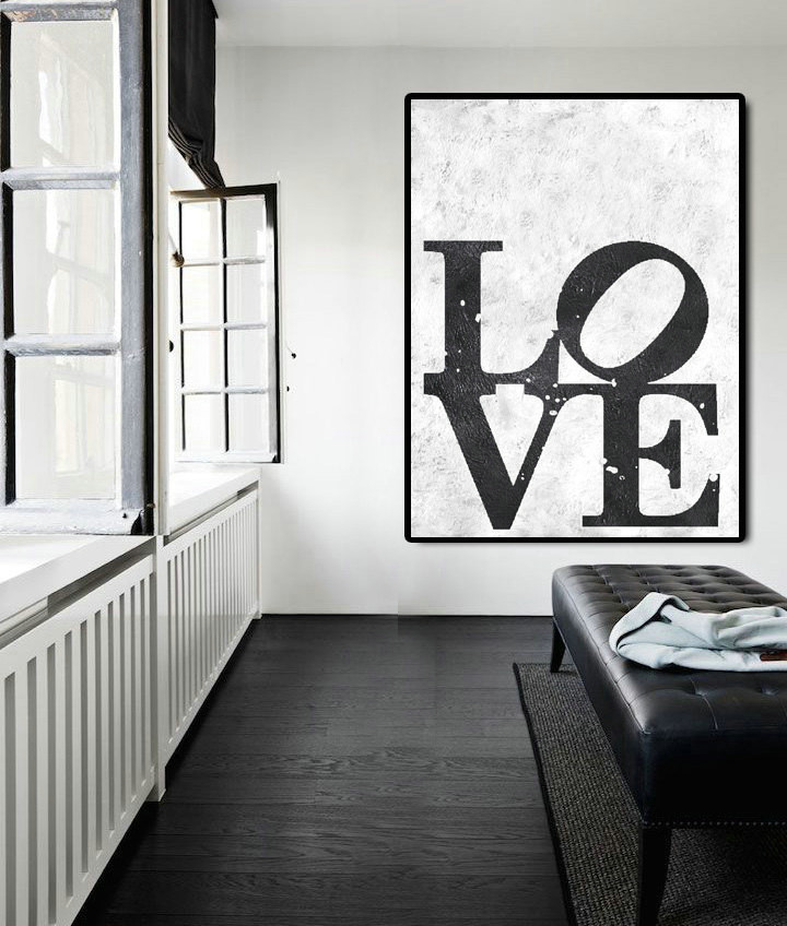 Abstract Painting On Canvas, Vertical Painting Canvas Art, Black And White Extra Large Wall Art. Love, Handmade.