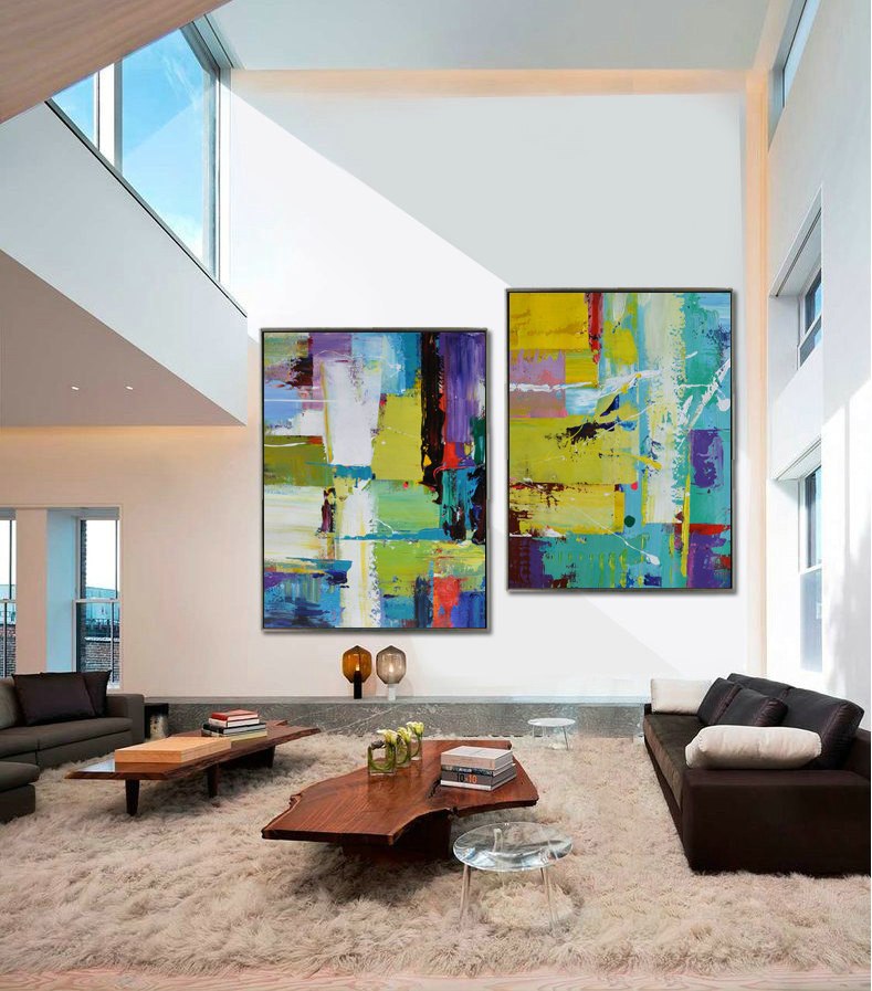 Set Of 2 Large Contemporary Painting, Abstract Canvas Art, Original Artwork, Blue, red, yellow, orange - By Leo