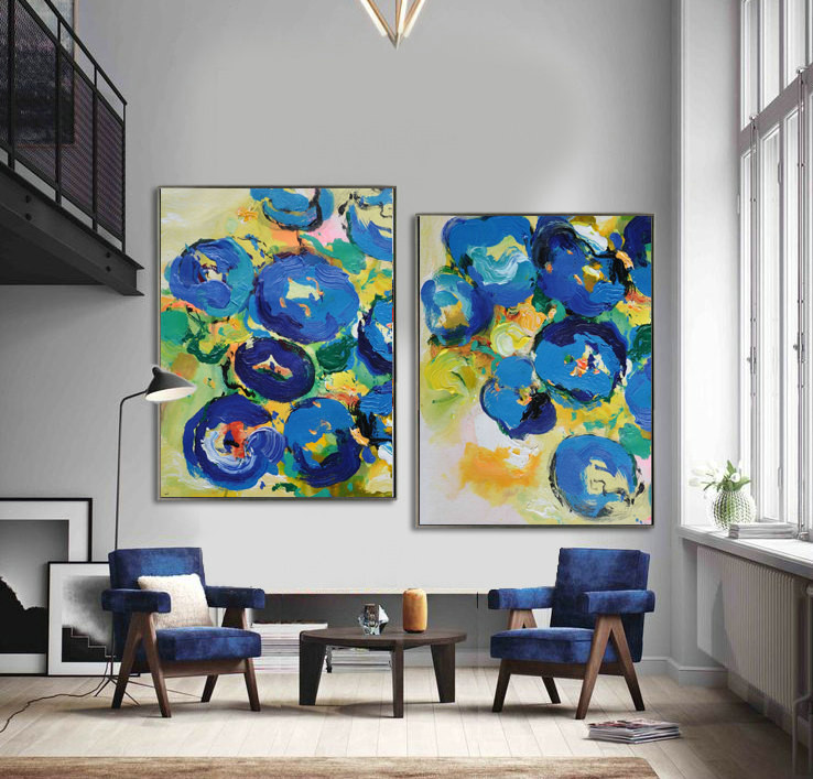 Set Of 2 Large Contemporary Painting, Abstract Canvas Art, Original Artwork, Blue, yellow, green, red, pink - By Leo