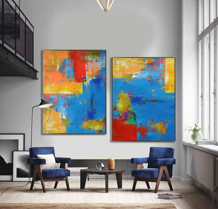 Set Of 2 Large Contemporary Painting, Abstract Canvas Art Original Artwork, Hand paint. Blue, red, yellow, orange - By Leo