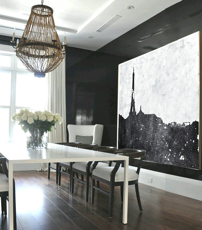 Large Abstract Painting, Hand Made Painting Minimalist Art, Horizontal Abstract Art On Canvas, Modern Art. Black And White Landscape.