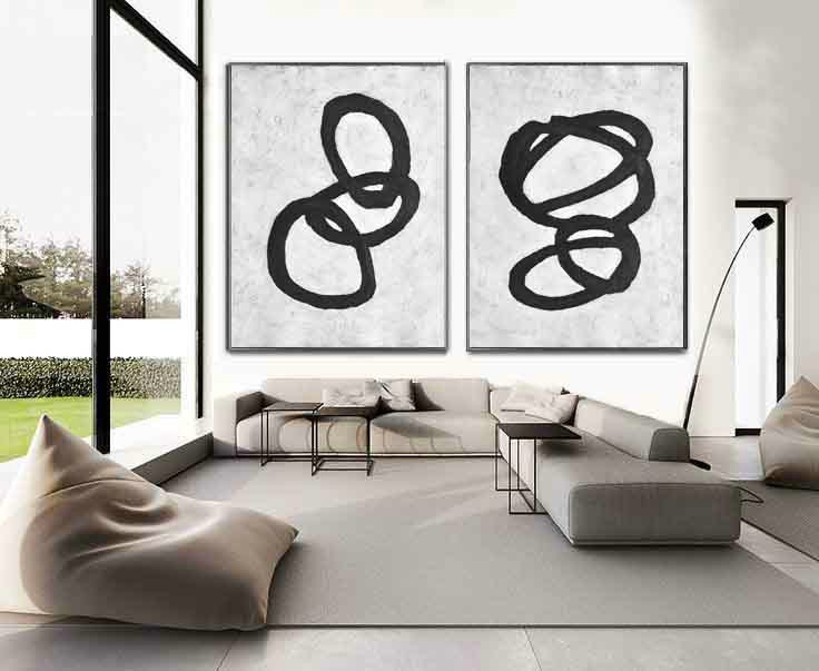 Set Of 2 Huge Contemporary Art Acrylic Painting On Canvas, Minimalist Canvas Wall Art Home Decor, Magic Circles