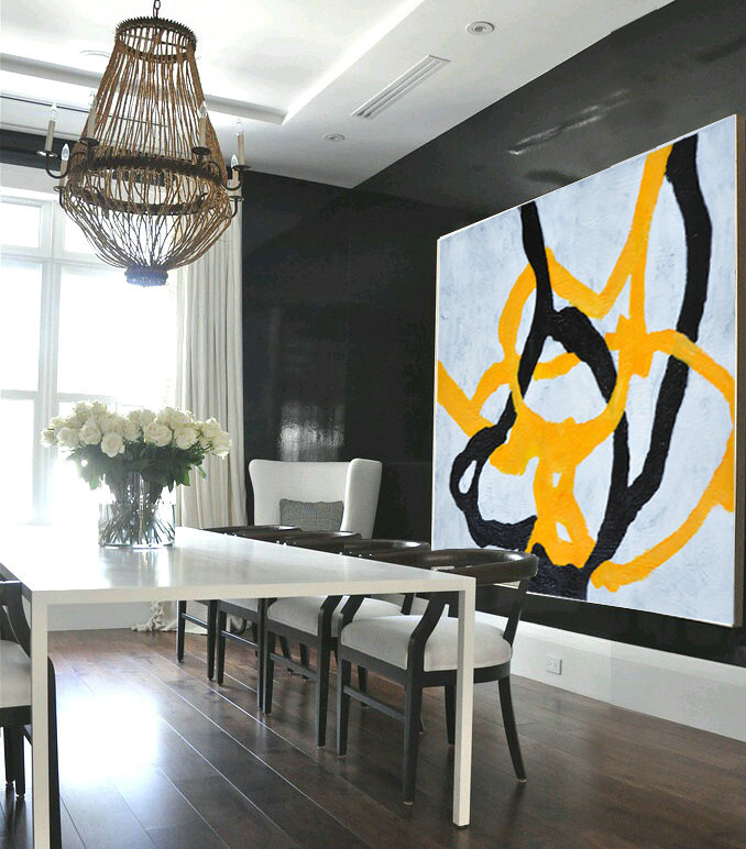 Handmade Painting Large Abstract Art, Hand Painted Aclylic Painting On Canvas Minimalist Art, Black White Yellow.