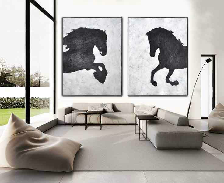 Set Of 2 Huge Contemporary Art Acrylic Painting On Canvas, Minimalist Canvas Wall Art Home Decor, Horse, HANDMADE.