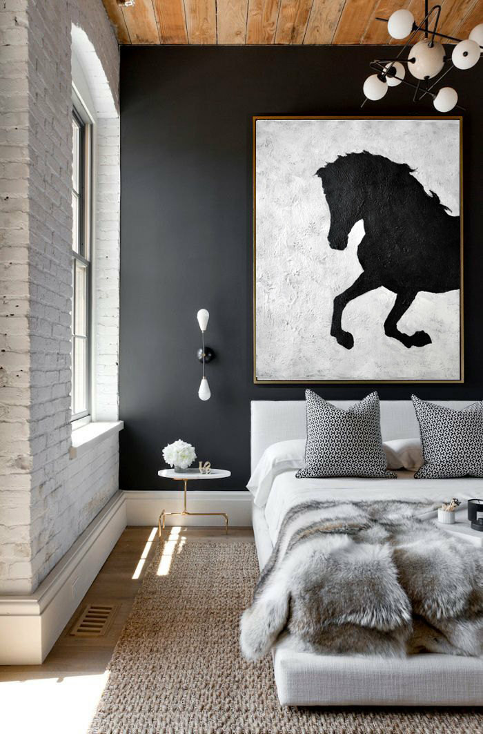 Black And White Horse Oil Painting Minimalist Art, Large Canvas Art. Abstract Painting, Modern Art. Hand Painted Acrylic Painting. - Click Image to Close
