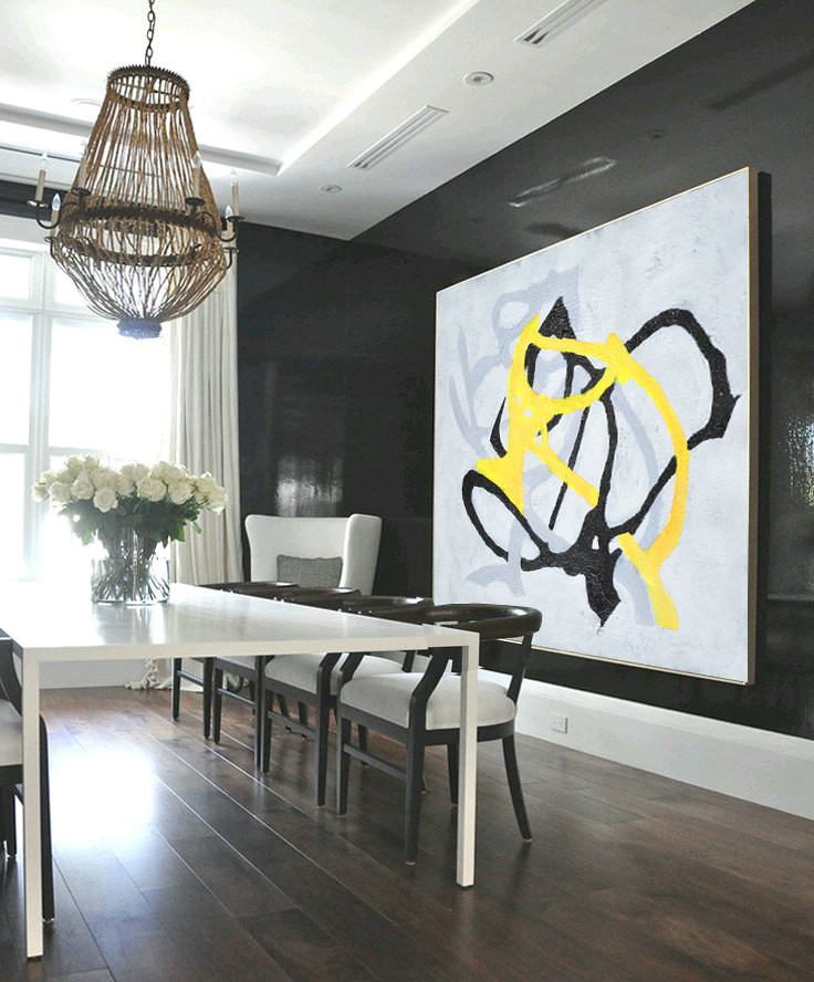 Large Abstract Art, Hand Painted Aclylic Painting On Canvas Minimalist Art, Black White Yellow.