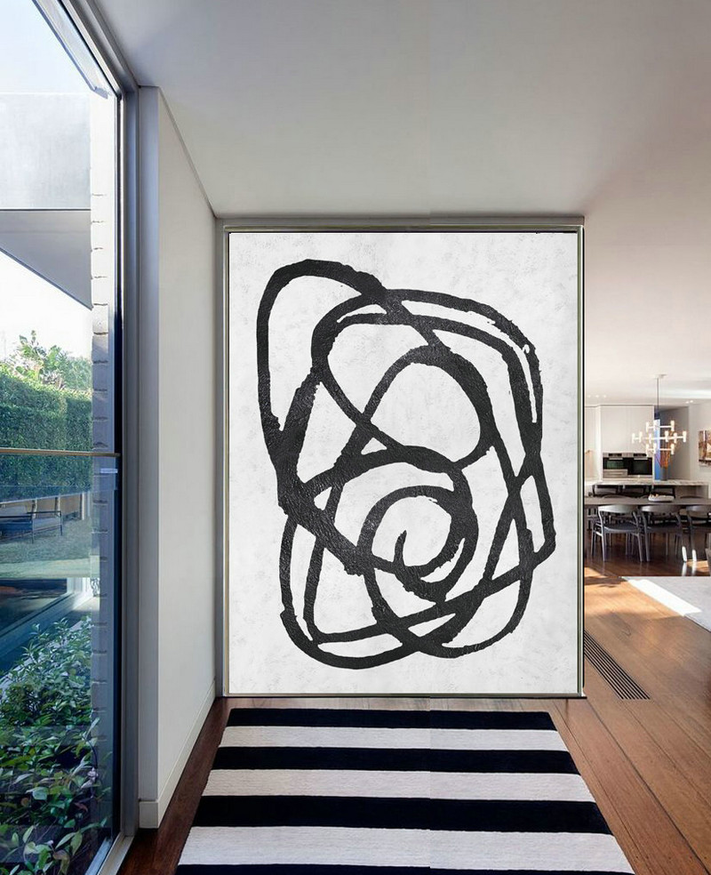 Large Abstract Painting On Canvas, Minimalist Canvas Art, Handmade Black White Acrylic Textured Painting.