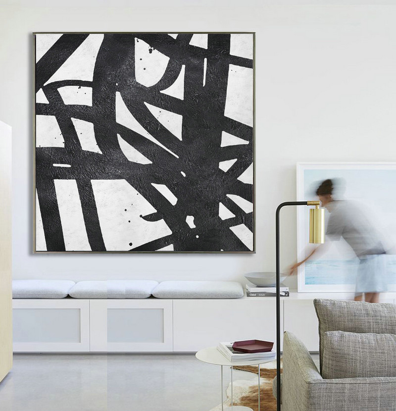 Abstract Painting Extra Large Canvas Art, Handmade Black White Geometric Art, Acrylic MinimaIlist Painting.