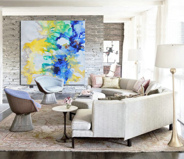 Large Hand-painted Contemporary Oil Painting on Canvas. Blue, Yellow, Original Art by Jackson