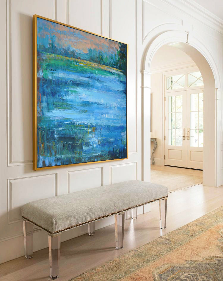 Large Abstract Landscape Oil Painting, Canvas Art. Handmade by Jackson, blue, yellow, brown, green, light pink, etc.