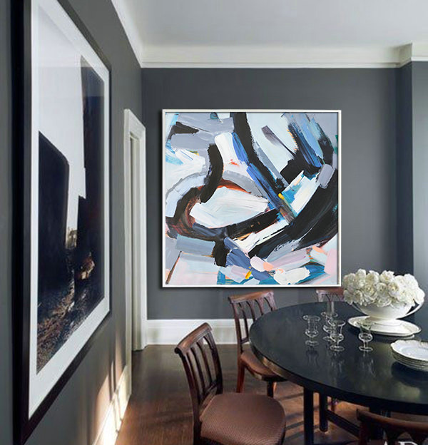 Large Contemporary Art, Handmade. Palette Knife Painting by Leo. Blue, pink, black, gray, green, etc.