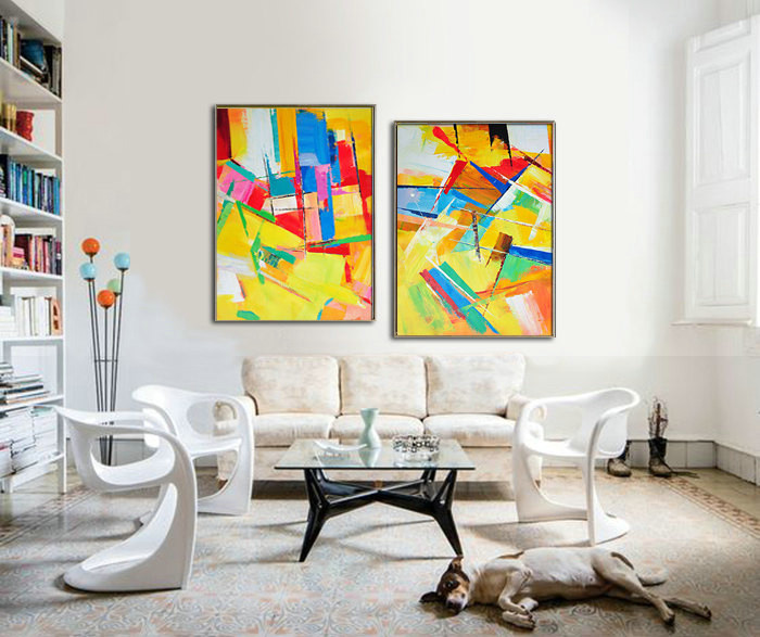 Set Of 2 Large Contemporary Painting, Original Artwork, Hand paint. Red, yellow, green, blue, purple - By Leo