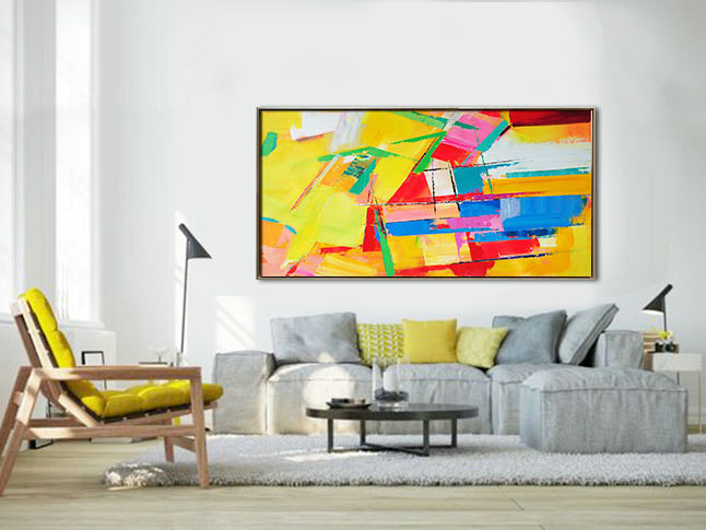 Palette Knife Painting, Original Horizontal Wall Art, Abstract Art Canvas Painting, Yellow, blue, red, green. - By Leo