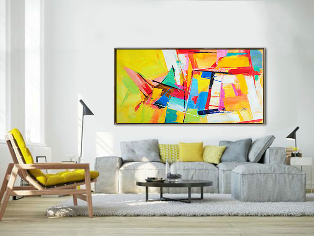 Palette Knife Painting, Original Horizontal Wall Art, Abstract Art Canvas Painting, Large Art. Yellow, blue, red, green.