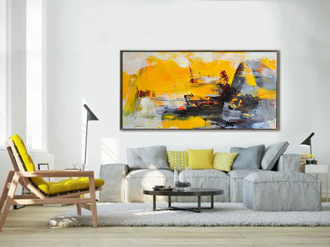 Palette Knife Painting, Original Horizontal Wall Art, Abstract Art Canvas Painting, Large Art. Yellow, gray - By Leo