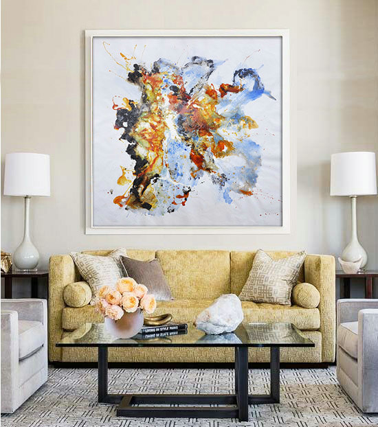 Large Contemporary Art Original Oil Painting On Canvas. One-of-a-kind, IN STOCK, 48"X48"/122x122cm. Yellow, blue, brown.