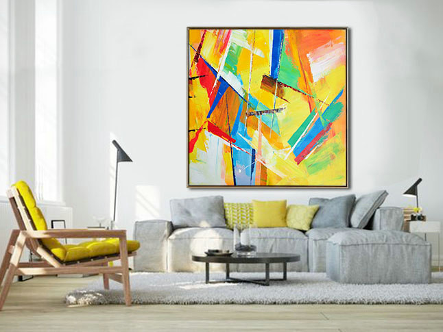 Large Palette Knife Painting On Canvas, Abstract Art. Large Contemporary Painting, blue, green, blue, red, yellow. By Leo