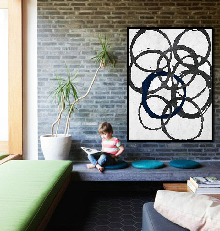 Large Abstract Painting Minimalist Art, Hand Painted Contemporary Ar Geometric Art. Black White Acrylic Painting.