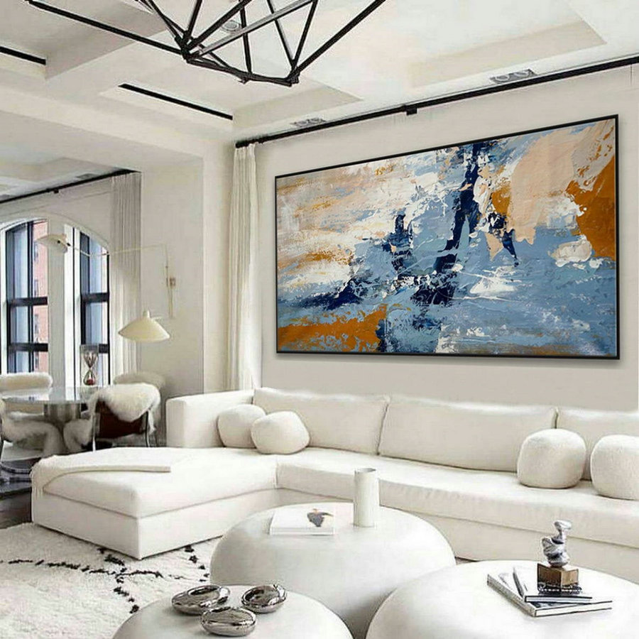 Modern Contemporary Neutral Color Panoramic Wall Art Large Horizontal Texture Abstract Acrylic Painting on Canvas Gray Turquoise Blue