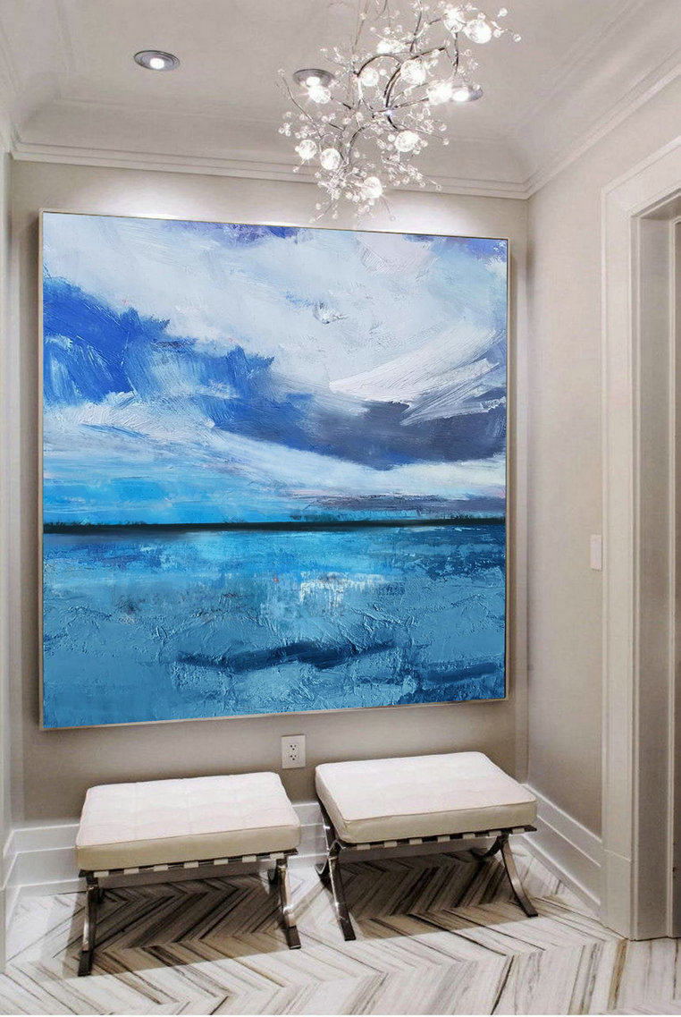 Large Original Sea Level Blue Oil Painting,Large Wall Art Light Blue Sky Oil Painting,Sky Landscape painting,Large Ocean Canvas Oil Painting