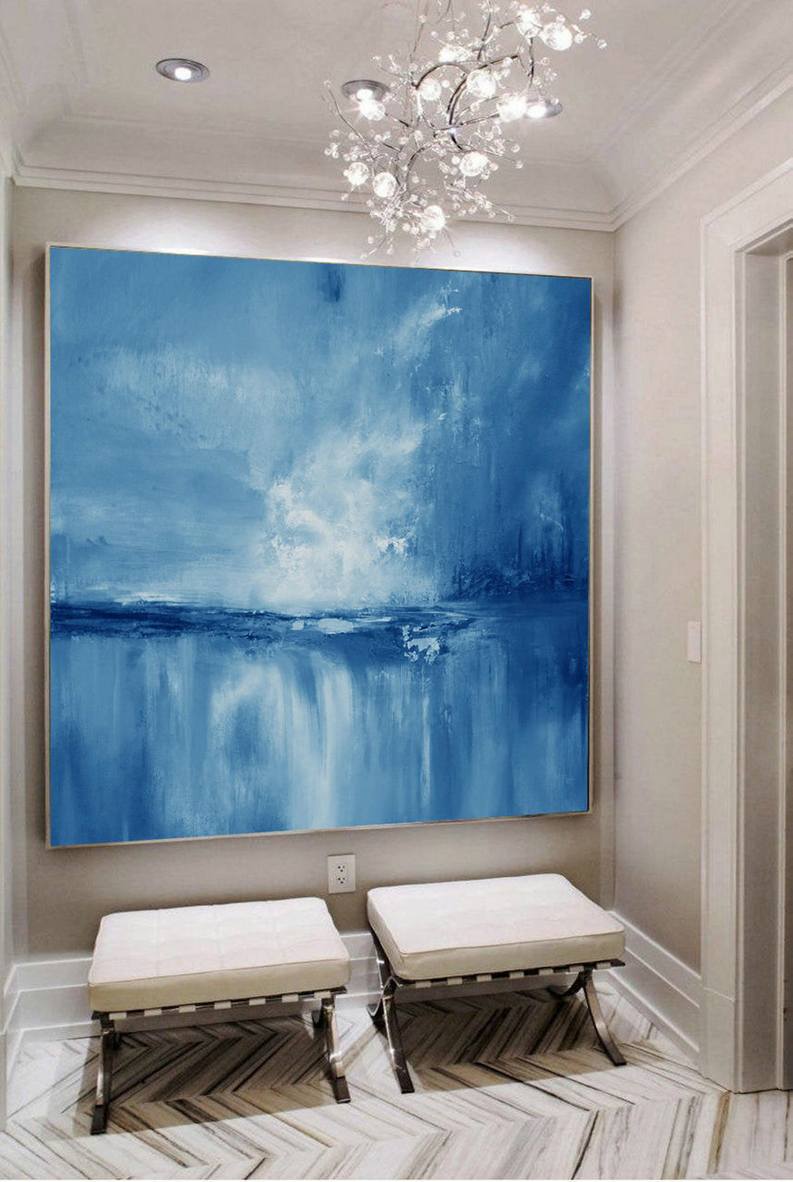 Large Wall Art Light Blue Sky Oil Painting,Large Original Sea Level Blue Oil Painting,Sky Landscape painting,Large Ocean Canvas Oil Painting