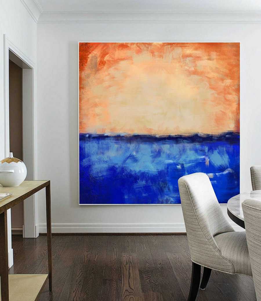 Large Deep Blue Abstract Canvas Painting,Large Abstract Art,Orange Abstract Painting on Canvas,Sky Abstract Art Wall Canvas Oil Painting
