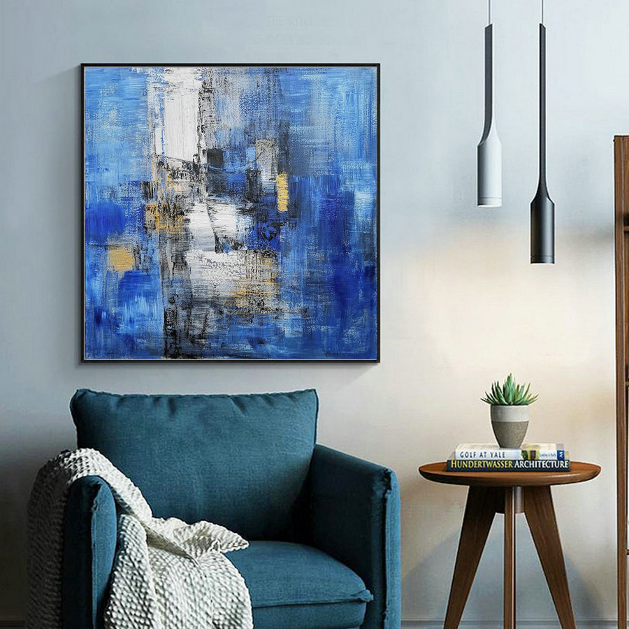 Large Blue Abstract Canvas Painting,Minimalist Abstract Painting,White Abstract Painting,Canvas Abstract Painting,Dining Room Art Painting