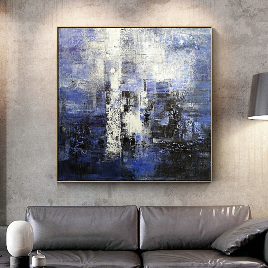 Large White Painting,Deep Blue Abstract Canvas Painting,Minimalist Abstract Painting,Canvas Abstract Oil Painting,Dining Room Art Painting