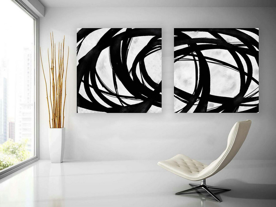 Set of 2,Extra Large Minimal Abstract Art,Black and White,Large Abstract Paintings on Canvas,Abstract Paintings, UNSTRETCHED Pa0083_pas084
