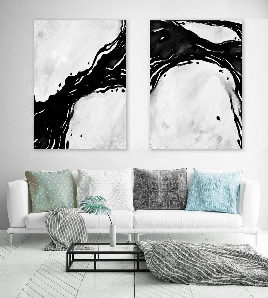 Set of 2,Extra Large Minimal Abstract Art,Black and White,Large Abstract Paintings on Canvas,Abstract Paintings, UNSTRETCHED Pa0066_paS067