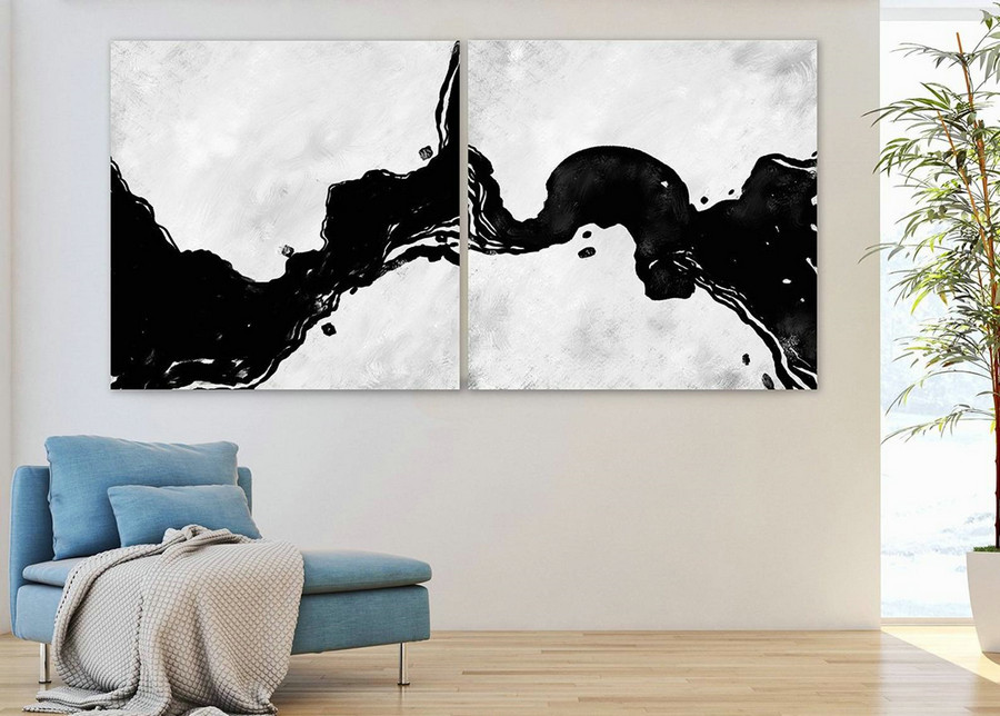 Set of 2,Extra Large Minimal Abstract Art,Black and White,Large Abstract Paintings on Canvas,Abstract Paintings, UNSTRETCHED Pa0068_paS069