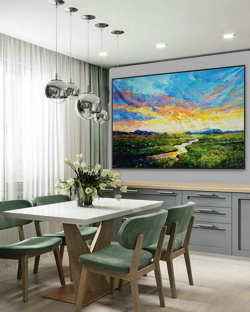 Modern Panoramic Landscape Contemporary Abstract wall Art Countryside Field Sunset Sunrise Palette Knife Thick Oil Painting on Canvas