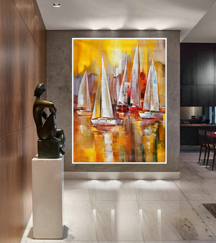 Extra Large Bright Color Brush Stroke Oversize Vertical Modern Contemporary Colorful Wall Art Handmade Oil Painting On Canvas Yellow Orange