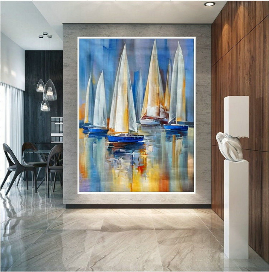 Sailboat Wall Art On Canvas Sailing Boat Oil Painting Extra Large Bright Color Brush Stroke Oversize Vertical Modern Contemporary Colorful