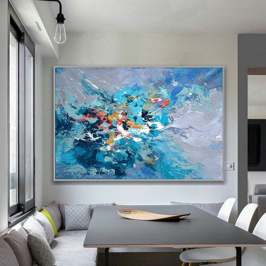 Acrylic Abstract Oversize Artwork Colorful Palette Knife Thick Painting Extra Large Bright Color Modern Wall Art Fish Pond Blue