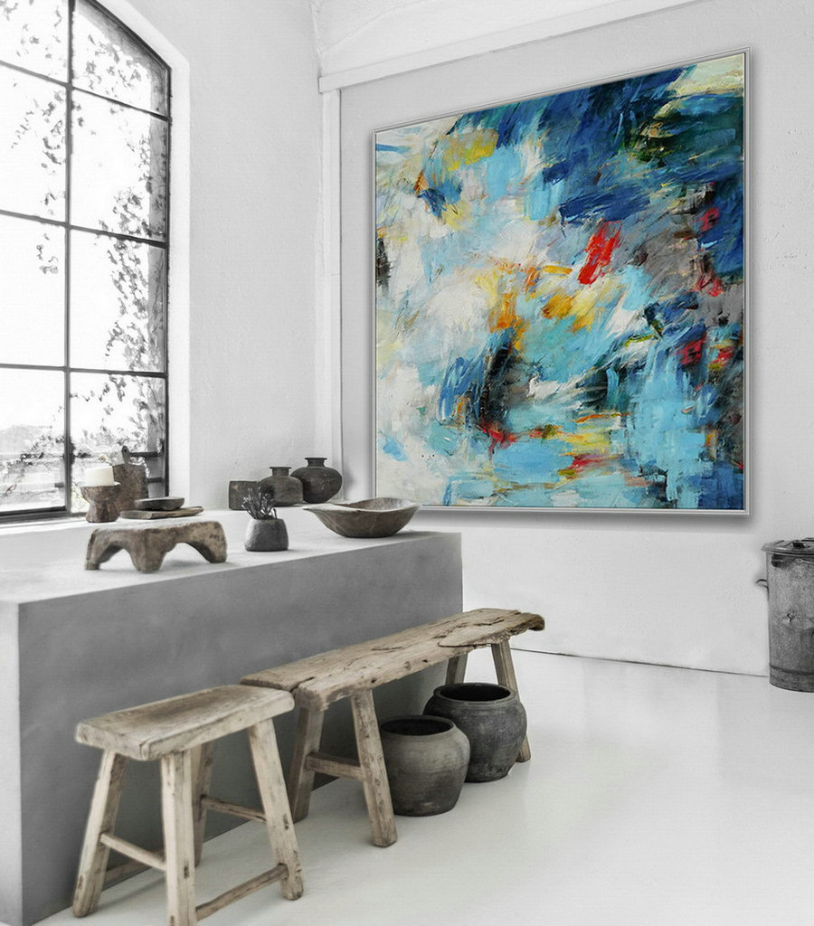 Hand Painted Oil Painting On Canvas Extra Large Blue Color Wall Art Oversize Square Colorful Modern Contemporary Brush Stroke
