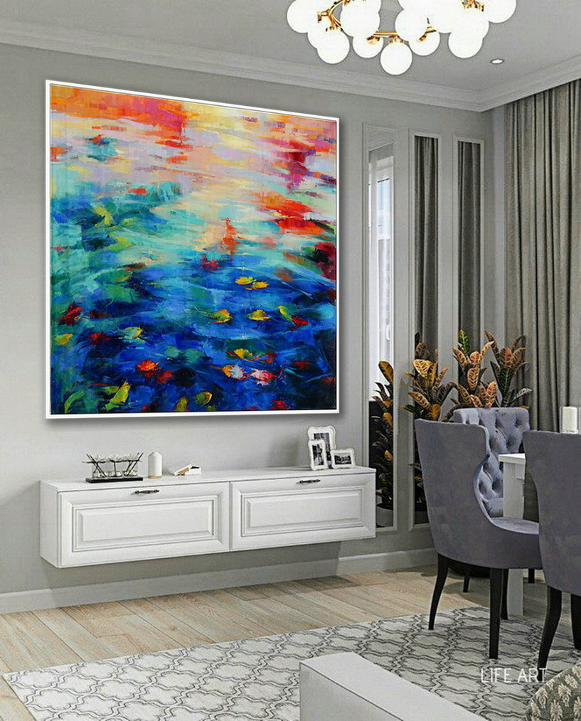 Colorful Wall Art Handmade Oil Painting On Canvas Blue Extra Large Bright Strong Color Brush Stroke Oversize Square Modern Contemporary