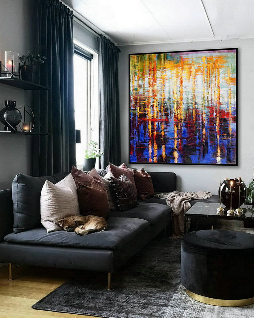 Bright Strong Color Brush Stroke Oversize Square Modern Contemporary Extra Large Colorful Wall Art Handmade Oil Painting On Canvas