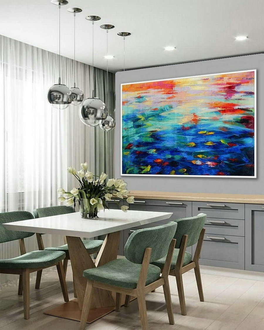 Colorful Wall Art Oil Painting On Canvas Blue Extra Large Bright Strong Color Brush Stroke Oversize Horizontal Modern Contemporary