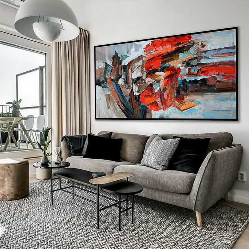 Colorful Hand Made Textured Palette Knife Oil Painting Artwork Modern Contemporary Oversize Abstract Extra Large Wall Art Red Brown