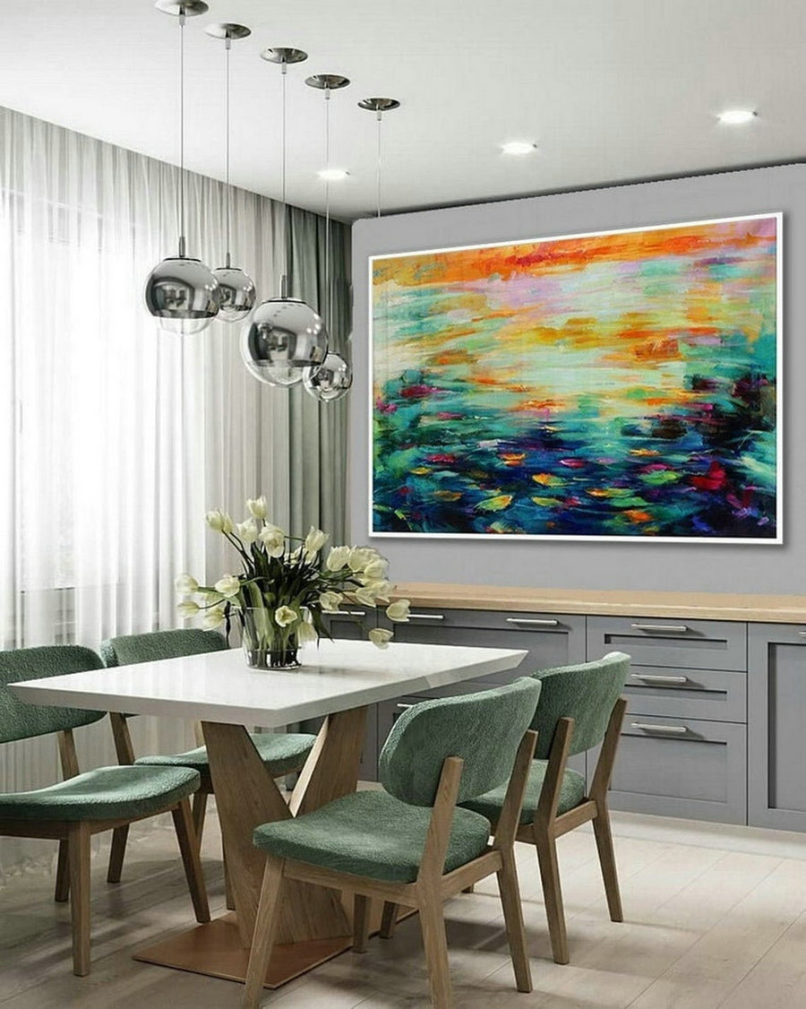 Extra Large Bright Strong Color Brush Stroke Oversize Horizontal Modern Colorful Wall Art Handmade Oil Painting On Canvas Green